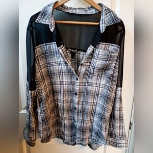 Metal Mulisha Black + White Plaid Button-Up Sheer Shirt (L)